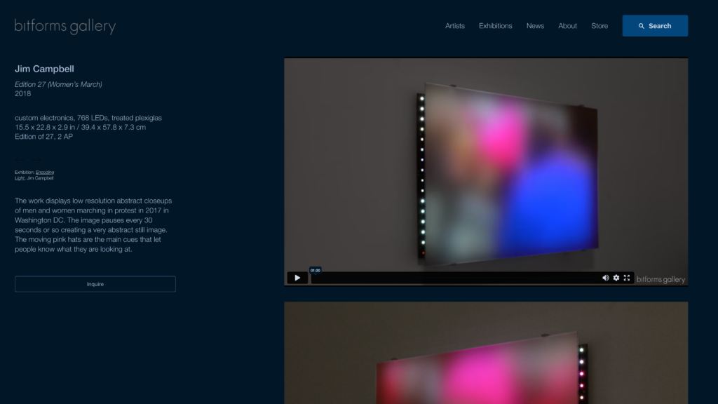 screenshot of the bitforms gallery website page showcasing the upcoming Jim Campbell show. On the right is a static poster image for a video which shows a piece of art hanging on the wall. the artwork has a blury front face and on the edge of the piece led lights are visible behind the frosted glass front. a bit of the next image is popping up above the fold below. to the right are details about the work