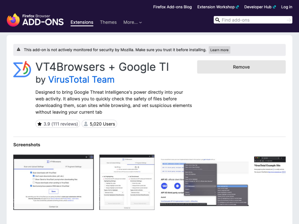 Screenshot of the VT4Browsers + Google TI firefox extension page. Details about the extension are displayed with a "Remove" button to their right. Below are screenshots showing the functionality of the extension.
