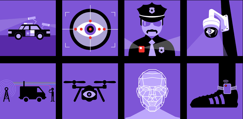 illustration. grid depicting types of law enforcement surveillance that may be practiced. images of traffic pole mounted cameras, drones, facial recognition, maps, etc.