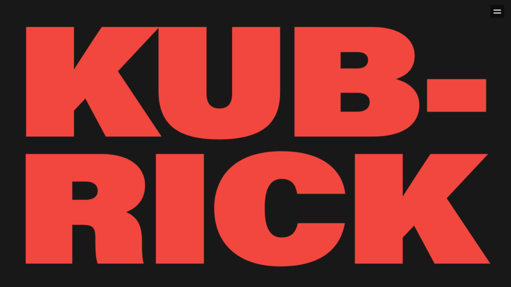 screenshot from the Stanley Kubrick microsite. Black Background. Red text in very bold, all caps lettering filling the screen and spelling "KUB-" on the first line and "RICK" on the second.