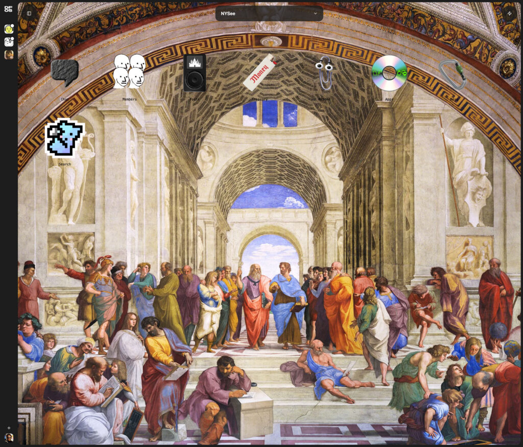screenshot of of nysee.dfos.com. the background is the painting, 'The School of Athens' by Raphael. Floating over the painting are 8 icons: Chat, Members, Posts, Treasury, Readme, Apps, Keys and Search. On the left is a narrow sidebar with the DFOS logo up top and several small icons.