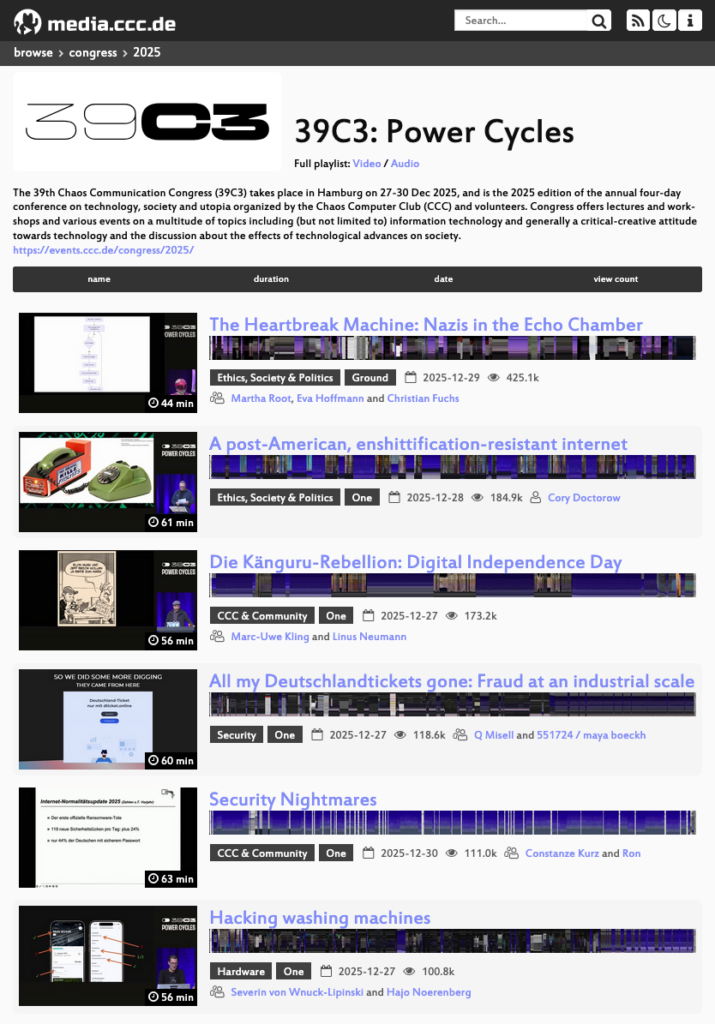 A screenshot of the media.ccc.de website displaying the "39C3: Power Cycles" video playlist from the 2025 Chaos Communication Congress. The page lists several talks with thumbnails and titles, including a presentation by Cory Doctorow on an "ensheittification-resistant internet" and a talk titled "Hacking washing machines."
