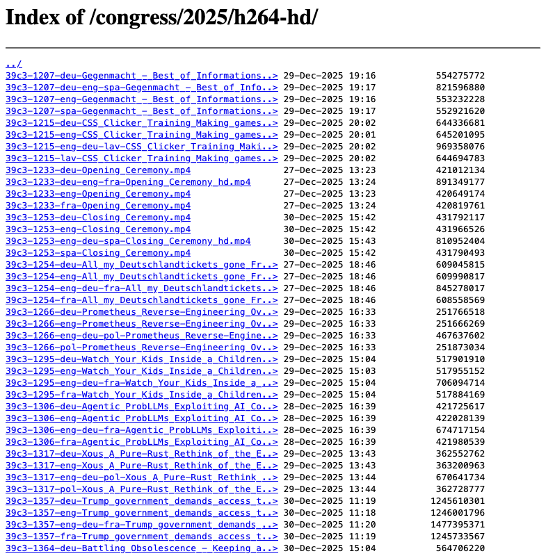 A screenshot of a web directory listing titled "Index of /congress/2025/h264-hd/". The page displays a list of video files and documents from the 39C3 conference, including multilingual recordings of ceremonies and talks on topics like AI, Rust programming, and government access.