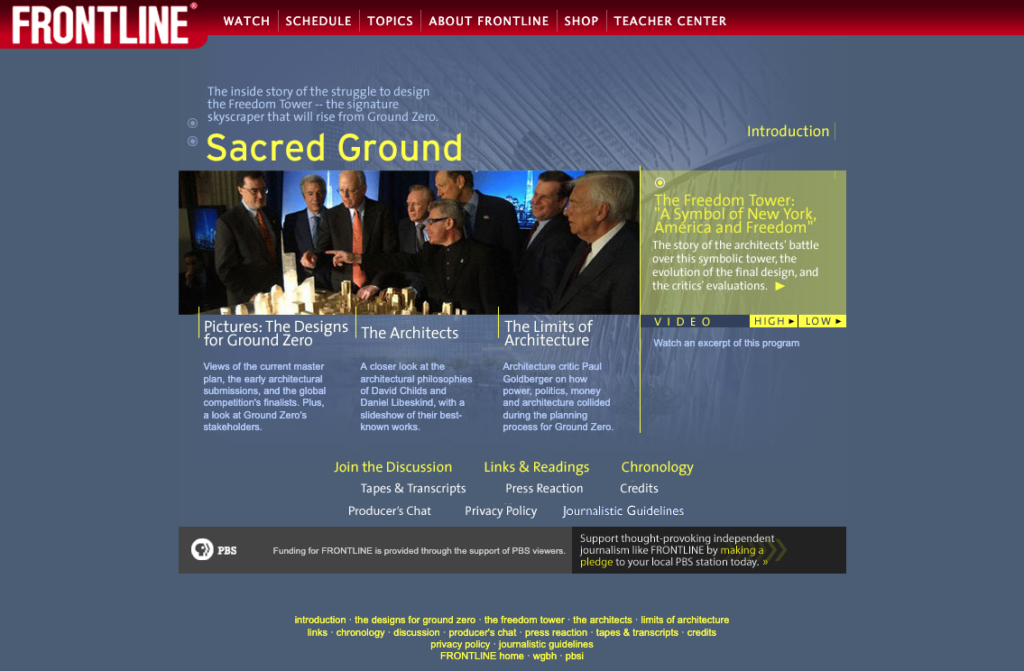 screenshot of the frontline microsite made for the sacred ground episode. picture of men looking at an architectural model. text arranged around it